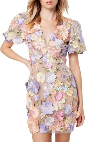 Dam 3D V-ringad puff ärm blommig broderi klänning, ren nät spets bodycon fest cocktailklänning kort