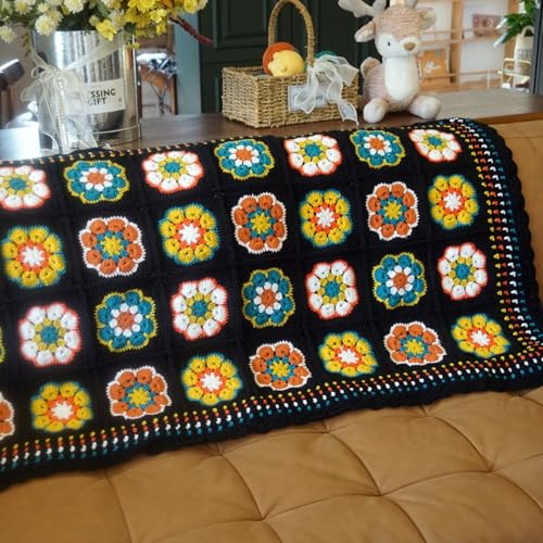 Handmade Granny Square Crochet Throw Blanket, Light Weight, Soft, Warm, Cozy, Home Decor (Black) 53 x30