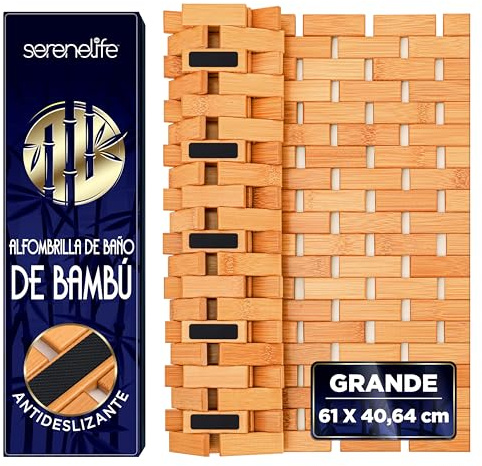 SereneLife Tapis de Bain et de Douche en Bambou Naturel – Tapis de Sol Antidérapant à Lattes avec Finition Naturelle, Surface à Grips Renforcés, Enroulable et Facile à Nettoyer