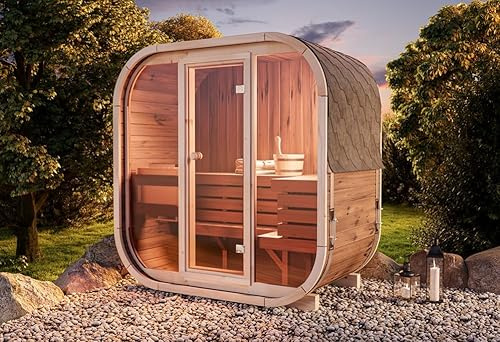 FinnTherm Comfort Set Fasssauna Ellipso M Fasssauna 4 Sitzbänke aus Holz, Sauna mit 42 mm Wandstärke Außensauna