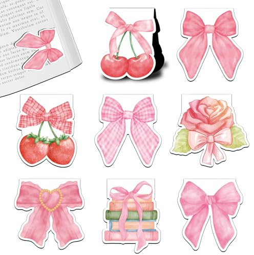 Coquette Style Magnetic Bookmarks Pink Bow Book Mark Cute Planner Bookmark Set for Book Lovers Cherry Strawberry Magnet Bookmark Clips Unique Small Gifts for Reading Women Girly Student Teacher 8 PCS