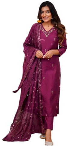 The Red Lion Enterprise Party Wear Wedding Functional Wear Anarkali Dress Alia Cut Kurti Pants Dupatta 3 Piece Set for Women, XL