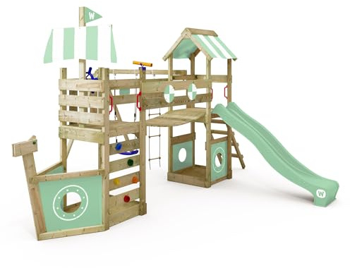 WICKEY Spielturm Klettergerüst StormFlyer mit Schaukel & Rutsche, Outdoor Kinder Kletterturm mit Sandkasten, Leiter & Spiel-Zubehör für den Garten (Pastellgrün)