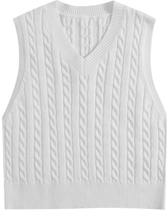 Women's Sleeveless Sweater Vest V Neck Pullover Knitted Tank Ladies Solid Color Chunky Knit Vests Casual Soft Jumper Waistcoat for Autumn Winter Lightweight Sweaters Gilets for Women UK White