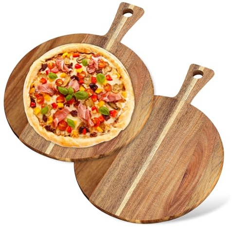 PORFOYO 2 stycken stora pizzatallrikar i trä, 30 x 40 cm, rund skärbräda med handtag, hållbar skärbräda av trä, pizzatillbehör, hem, 30 x 40 cm (12 x 16 tum)