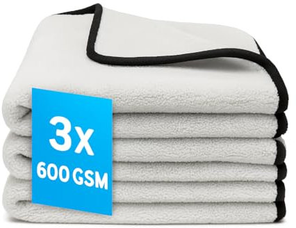 Kemes Autotrockentuch Premium Mikrofaser Poliertücher, 3er Set, Grau mit Schwarzer Einfassung, Streifenfrei für Autopflege 30x30cm | 600GSM