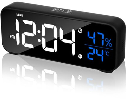 FAOKZE Reloj Despertador Digital,Reloj Alarma Inteligente LED con 2 alarmas,5 Brillo y Volumen Ajustable,Snooze,Reloj Despertador Digital con indicador de Temperatura,Puerto de Carga USB,12/24HR