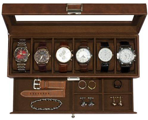 KILHS Watch Box foe Men, 6 Slots Watch Case with Glass Lid, Double Watch Holder with 1 Wrawer for Rings, Cufflinks,Brown