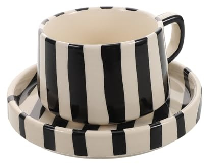 CHICAMPERA Tasse à Café En Céramique Rayée 300 Ml Matériau Céramique Pour Latte Art, Bureau Et Pause Thé Ensemble Soucoupe Noire