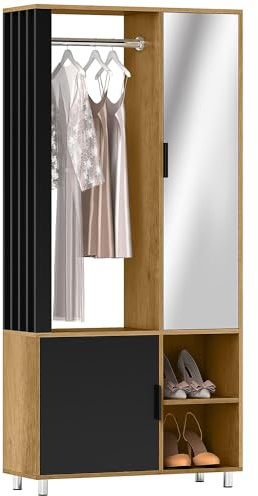 HOMCOM Garderobe Set mit Spiegel, Flurgarderobe Set Kompaktgarderobe mit Kleiderstange, Schuhschrank und 8 Regalböden, 80 x 30 x 175 cm, Naturholz