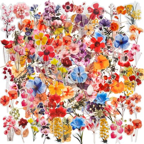 BelleFlair 100 Pcs Floral Stickers, Waterproof Flower Sticker Pack for Scrapbooking, Decorative Journaling Supplies, Vinyl Laptop Decals for Water Bottle, Journal, DIY Crafts