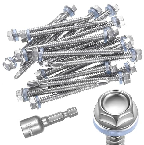 Moqinai 25 viti autofilettanti in acciaio inox 401 con guarnizione, viti di foratura M6,3 x 75 mm con rondella di tenuta, viti esagonali, con chiave a bussola da 10 mm