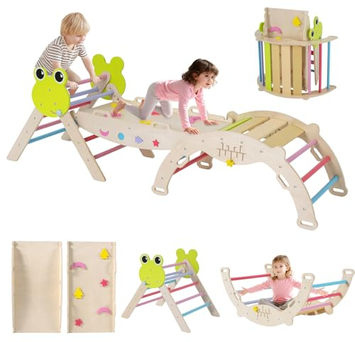 GOPLUS Triángulo de Escalada 7 en 1, Montessori Escalador Infantil Plegable con Tobogán, Estructura de Escalada con Arco, Slide Aprendizaje para Niños de 1+ Año, Carga 50KG (Multicolor,Rana)