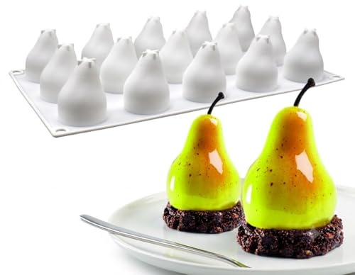Fyearfly Stampo in silicone con 15 cavità a forma di pera, antiaderente, per uso alimentare, per mousse, torte, dessert francese, cuocere, decorazione