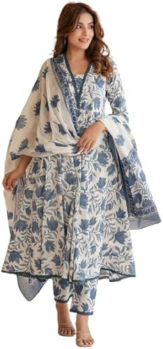 PINK AND POP Women’s Blue Floral Printed Cotton Anarkali Kurta Set with Dupatta, Ethnic Wear, V-Neck Kurta with Pant, Traditional Indian Salwar Suit for Festive & Office Wear (2X-Large)- (Medium)