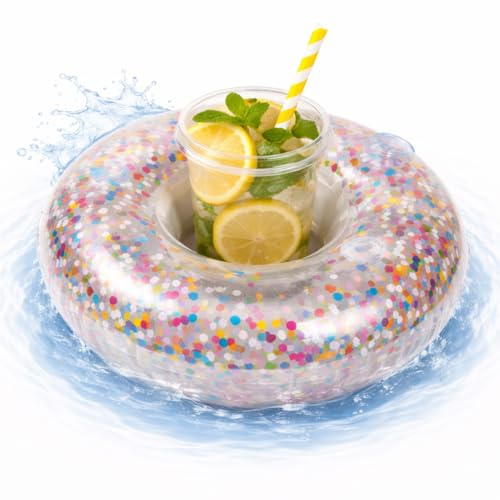 Uppblåsbar dryckshållare luftmadrass simring simregel för pool, cocktailhållare, ölhållare, kopphållare, burkhållare, ölglashållare (ring glittrande färgad)