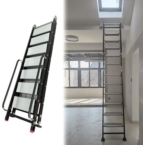 Premium 12-stegs aluminium vindstege, 3,5 m vikbara trappor för takåtkomst, svart lofttrappa, hållbar brandstege, platsbesparande design, enkel installation
