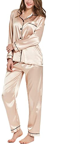 SWOMOG Womens Silk Satin Pajamas Long Sleeve Loungewear Two-Piece Sleepwear Button-Down Pj Set Champagne