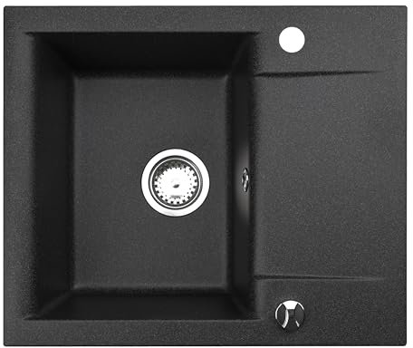 Manestein Spülbecken, Küchenspüle aus Granit, Einbauspüle, Abtropffläche,Einzelbecken mit Siphon, Fleckenbeständig und Pflegeleicht, 80% Quarzsand, 1 Becken, 59 x 44 cm, Schwarz