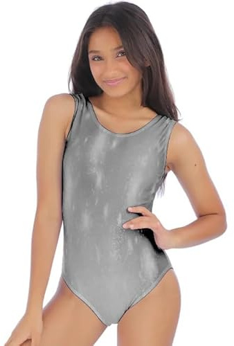 R&N FASHIONS - Body per ragazze, per scuola, sport, danza, ginnastica, balletto, senza maniche, effetto bagnato, lucido, per festa, disco o costume da ballo, Argento, 13 anni