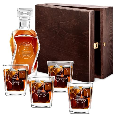 Maverton Set Decanter per Whisky in vetro - da 700 ml - incisione personalizzata - Caraffa con 4/6 bicchieri - idea regalo per l’anniversario - per la coppia di sposi o fidanzati - Unico