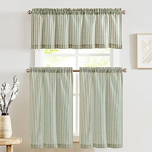 JINCHAN Kitchen Curtains and Valances Set Striped Tier Curtains Ticking Stripe Linen Curtains Pinstripe Cafe Curtains 24 Inch Living Room Bathroom Farmhouse 3 Pieces Set Rod Pocket Sage Green on Beige