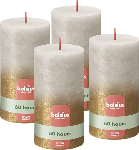 Bolsius Rustikt Pelarljus - Blekande Metalliskt - Grått och Guld - Paket med 4 - Lång Brinntid - Hushållsljus - Inredning - Oparfymerat - Naturligt Veganskt Vax - Ingen Palmolja - 13 x 7 cm