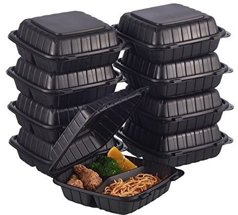 8X8 3-Compartment 50-Pack Plastic Clamshell Takeout Food Trays Heavy Duty Togo Disposable Box For Pasta Salad Sandwich Carryout Meal Prep Packaging Catering Hinged Containers With Secure Snap Lid