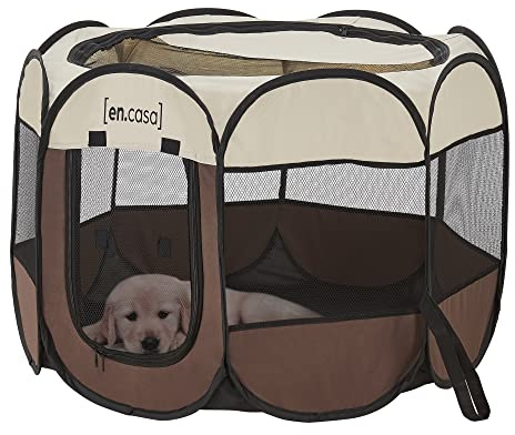 [en.casa] Telford hundbädd 43 x 74 x 74 cm Pop Up djurlekhage för inomhus- och utomhusbruk valplekhage hundkoja brun/krämfärgad