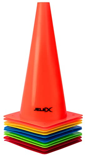 JELEX Dribbler Trainingshütchen 10 Stück 31 cm Höhe - Robuste Polyethylen-Kegel in 5 leuchtenden Farben für vielseitiges Training. Mit praktischem Aufbewahrungsbeutel und stapelbarem Design (10 Stück)