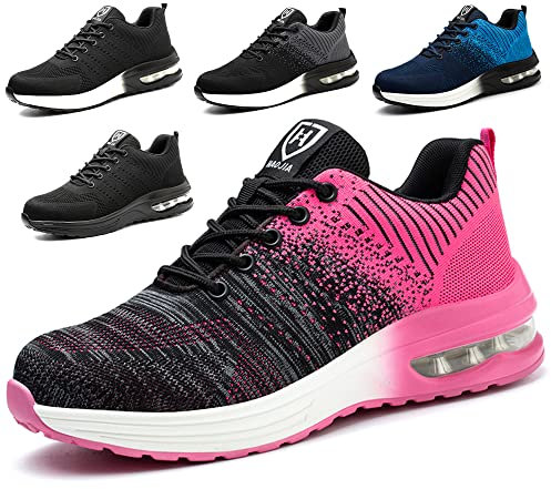 Eivaza Sicherheitsschuhe Arbeitsschuhe Leicht Sportlich Stahlkappenschuhe Atmungsaktiv Sneaker mit Stahlkappe Herren Order Damen Gr.35, Rosa