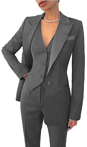 Leader of the Beauty Women's 3 Piece Office Work Blazer Vest Pants Business Pants Suit Set Prom Party Suit Grey