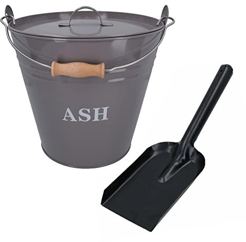 Seau à charbon gris avec couvercle et pelle de 12,7 cm en métal pour cendres