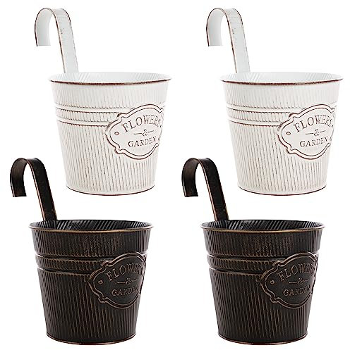 CITÉTOILE 4er Set Hängetöpfe Balkon Groß mit Haken Drainageloch, Blumentopf Hängend Metall Aussen für Pflanzen Blumen, Blumentöpfe zum Aufhängen Vintage, Weiß + Schwarz