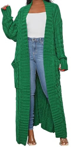 HRESSLBD Womens Long Cardigan Coats Cable Knit Casual Open Front Long Sleeve Loose Sweater with Pockets, Long Cardigan, Long Sweaters Knee Length Style, Casual Open Front Cardigan (Green, M)
