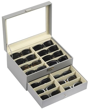 AUTOARK Leather 16 Piece Eyeglasses Storage and Sunglass Glasses Display Drawer Lockable Case Organizer,Grey,AW-165