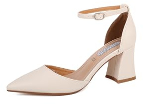 QUEEN HELENA Scarpe Eleganti con Tacco Medio Punta Chiusa Decollete con Cinturino Donna ZM96400 (Beige, Sistema Taglie Calzature EU, Adulto, Donna, Numero, Media, 36)