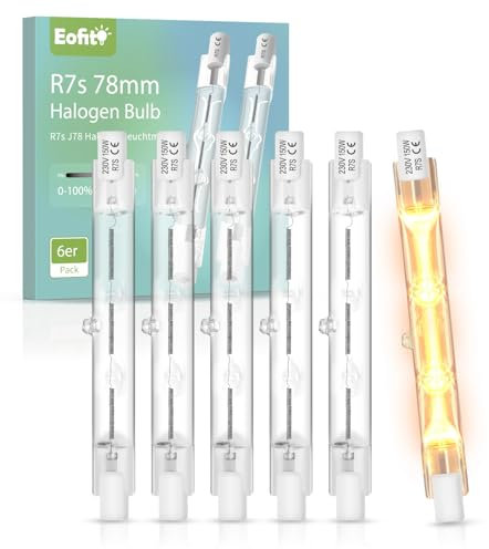 Eofiti Halogen Leuchtmittel R7S 78mm Dimmbar, 150W R7S Halogenstab 78mm Warmweiß 2700K, 2880LM 230V R7s Linear Halogenlampen, J78 Stablampe für Deckenfluter, Baustrahler, Stehleuchte, 6 Stück