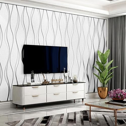 Camiraft 0,53m x 9,5m Tapete Vliestapete 1 Rolle 3D Modern Minimalistisch Wallpaper mit 3D-Wellen Leicht Glänzend Streifentapete Wanddekoration in Wohnzimmer, Schlafzimmer und Büro