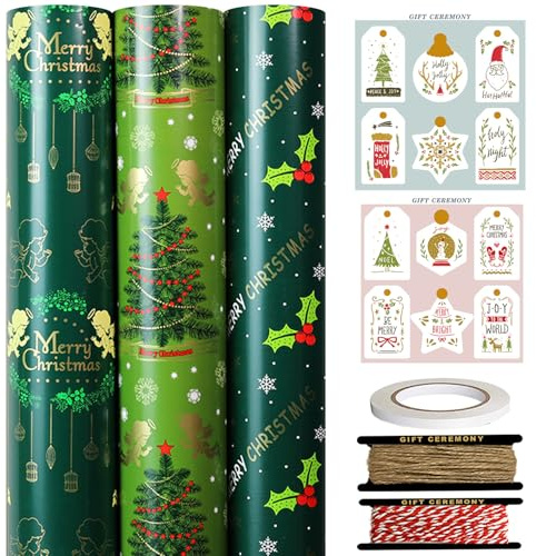FullJoyHut 3 Rouleaux de Papier Cadeau Noël Vert - 43cm x 3M chacun, Rouleaux de Papier d'Emballage Recyclable avec Étiquette Ficelle et Adhésif pour Emballage Cadeaux