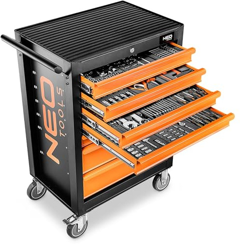 NEO TOOLS Werkstattwagen Gefüllt mit Werkzeug 176-teilig | 7 Fächer - Schubladen mit Kugellager - Zentral Abschließbar - Anti-Rutsch-Matte - Schwenkräder - Feststellbremse - Werkstattwagen Bestückt