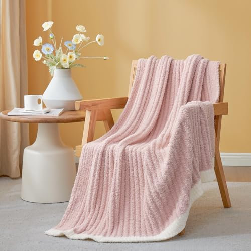 Snuggle Sac Spring Pink Throw Blanket for Couch, Soft Cozy Ribbed Fluffy Blankets for Women, Warm Microfiber Knit Cute Throws for Girls Daughter Mother‘s Day Gifts for Mom, Pink, 50x60 inches
