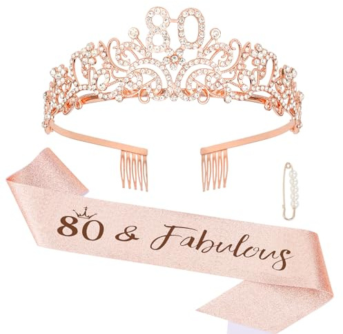 Exipsat Couronne d'anniversaire 80 ans pour femme et 80 ans et fabuleuse écharpe et diadème en strass, diadème pour 80e anniversaire, pour femme, or rose, accessoires de fête d'anniversaire