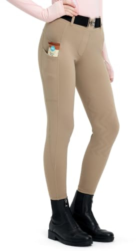 FitsT4 Sports Pantalon d'équitation d'hiver pour enfant - Legging d'équitation pour fille - En silicone thermique - Avec poche pour téléphone portable et poches, kaki, XS