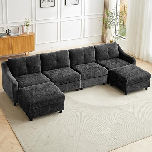 JIEXI Divano Angolare con Funzione Letto in Velluto a Coste, Divano a Forma di L, 251 cm, Grigio 4 Posti + 2 Sgabelli