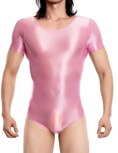 TouKingda Men's Glossy Leotard Bodysuit Short Sleeve One Piece Jumpsuits Mens Lingerie Bodysuits Tank Tops Underwear Cosplay Costume Party Clubwear Nightwear(Pink/L)