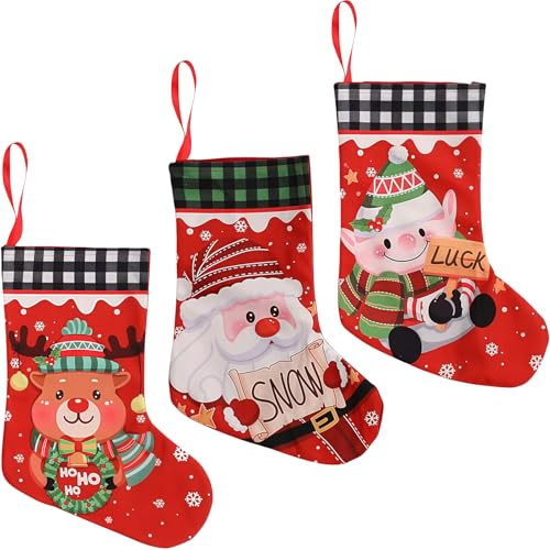 LOKTENPIE Christmas Stockings 3 Pack, 15'' Xmas Stockings with Flannel Christmas Stockings for Stairs Fireplace Hanging Xmas Home Decor(Santa/Reindeer/Christmas Elf)