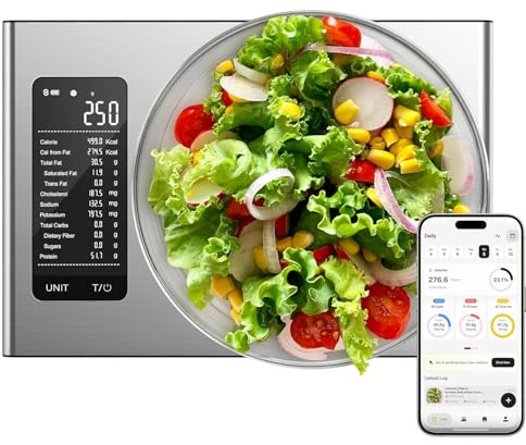 Ultrean Intelligente Küchenwaage mit Nährwertrechner & Kaloriendatenanalyse, 20 Nährstoffe, 10KG/0,01g Digitale Lebensmittelwaage für Diät, Fitness, Kochen und Backen, Edelstahl (Extra Large)