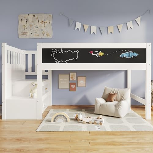 NuvlaGu Cama alta para niños de 90 x 200 cm, con pizarra blanca y pizarra, tobogán y protección anticaídas, cama de juegos con mucho espacio de almacenamiento y somier, cama alta para niños y jóvenes