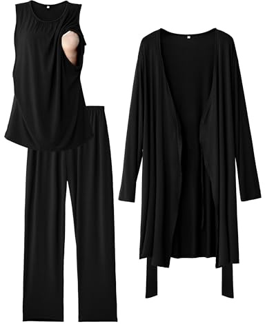 SUNNYBUY Set Pigiama da Allattamento da Donna 3 Pezzi, Pigiama da Gravidanza e Allattamento con Top, Pantaloni e Accappatoio, Ideale per Gravidanza, Degenza e Clinica, Nero , M